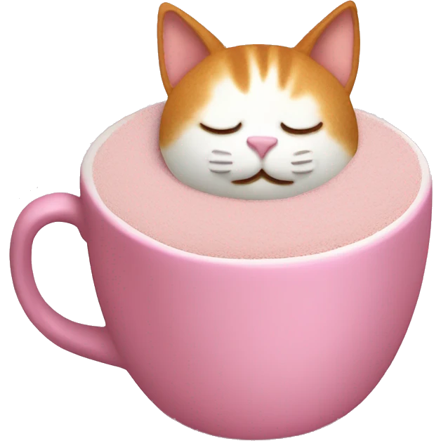 Cat made out of latte foam quietly sleeping in a mocha inside of a pink cup with an bow  emoji