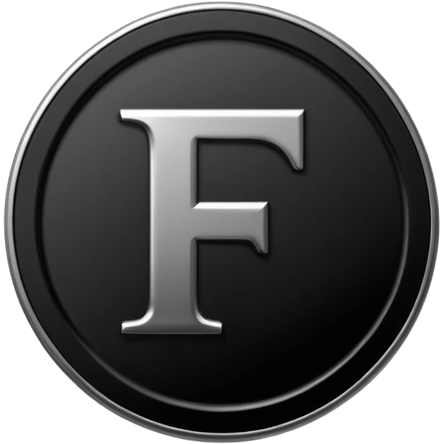 Emoji icon of a black coin with engraved letter F, minimalist style, isolated, no color emoji