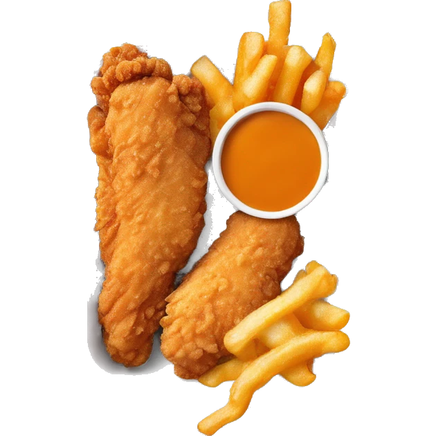 3 chicken tenders with crinkle fries and orange sauce on the side in a styrofoam container styrofoam container emoji