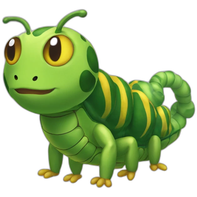 Caterpie is an insect Pokémon that resembles a green caterpillar with a yellow underside and teardrop-shaped tail. There are yellow ring-shaped markings down the sides of its segmented body emoji