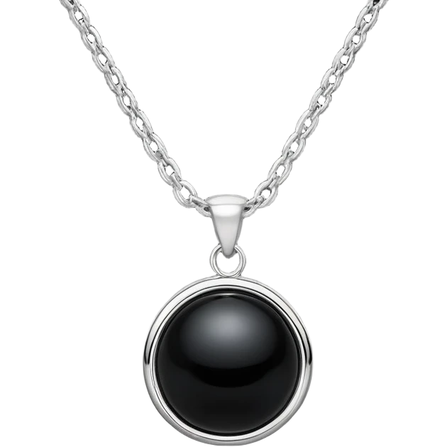 polished round black onyx pendant on a delicate silver chain, glowing faintly like a celestial orb emoji