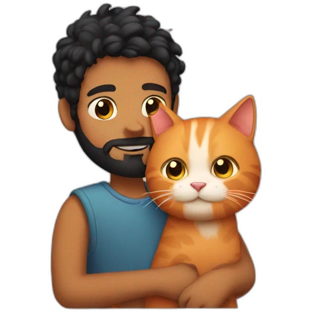 Boy with black beard hugging ginger cat emoji