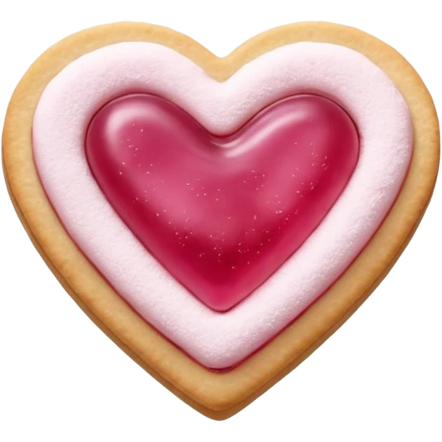 Realistic shortbread cookie in the shape of a heart with pink jelly middle filling and sprinkled powder sugar on top. emoji