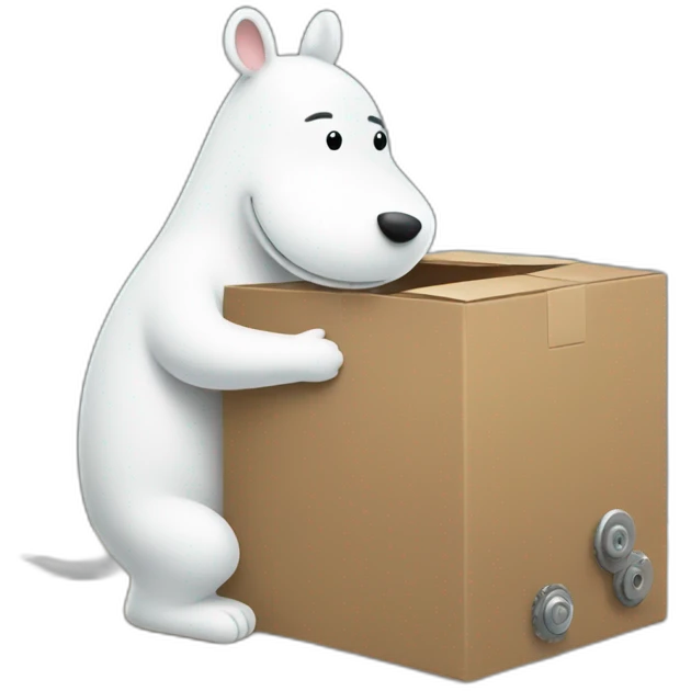 Moomin handles a box with gear emoji