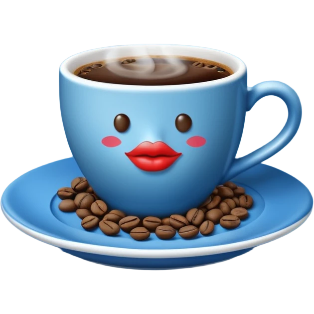 A steaming cup of coffee is visible. The blue cup has a kissing lips print and sits on a blue saucer filled with coffee beans. emoji