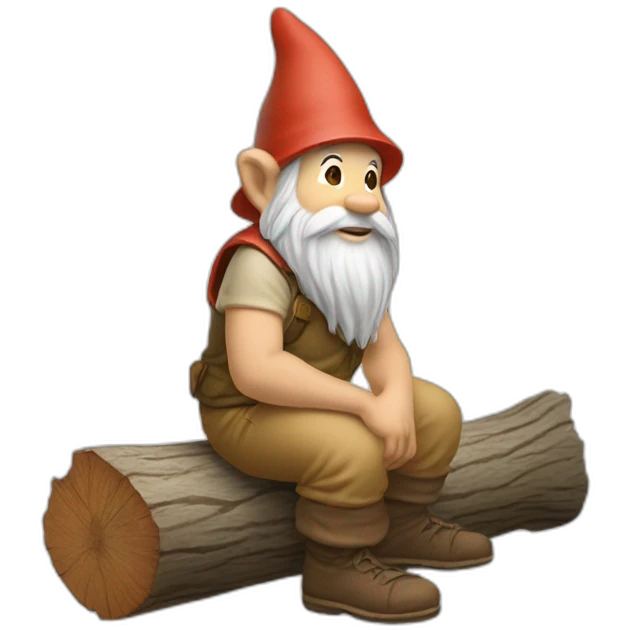 side view of gnome with light tan pants squatting above tiny brown log emoji