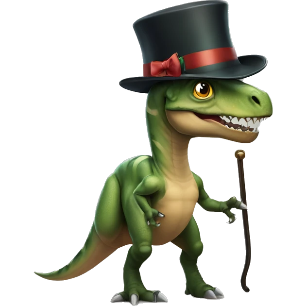 Dinosaur using fancy accessories like a monocle, a tophat, a bow and also a cane emoji
