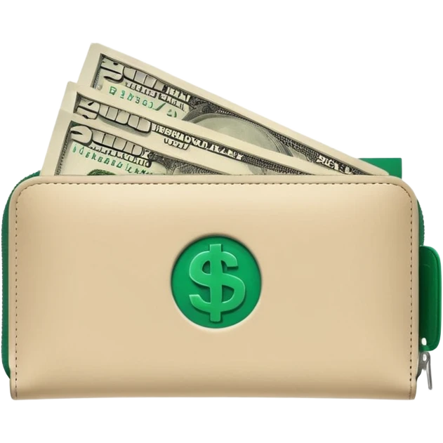 clean light beige wallet with dark green dollar bills sticking out, minimalist design, emoji style emoji