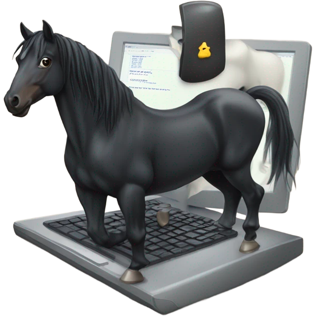 A black horse programming on a computer. emoji