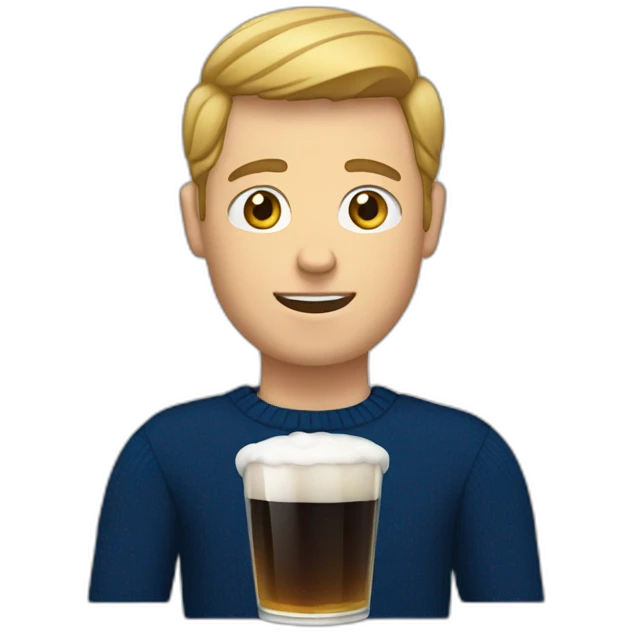 a white guy with a dark blue sweater and a white cast on his left hand and a beer in his other hand emoji