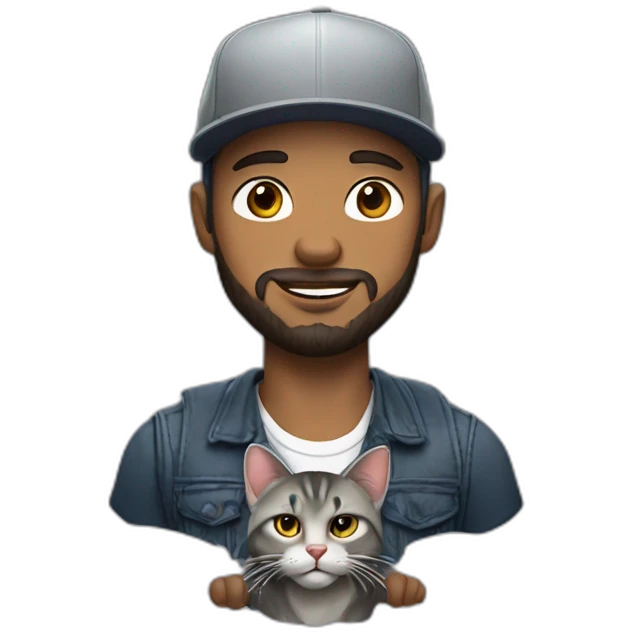 a man with a short beard and a snapback hat holding a big grey cat emoji