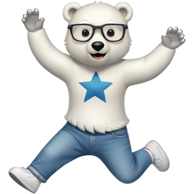friendly anthropomorphised polar bear jumping and looking excited, wearing a shirt, jeans, trainers, star-shaped glasses emoji