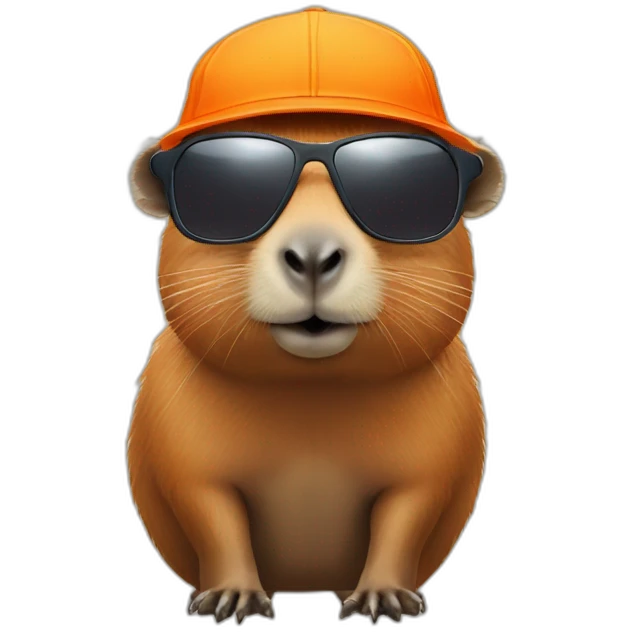 Capybara with sunglasses and an orange on the head emoji