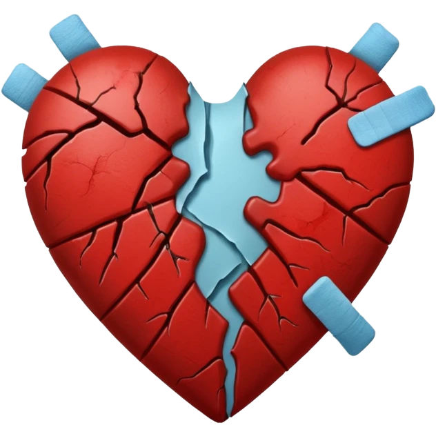 Un corazón roto con grietas  sangrando y expulsando sangre rodeado de vendas y tiritas que se despegan sin hacer efecto SIN CARA emoji
