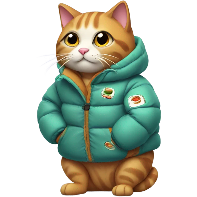 cat wearing a puffy jacket eating sushi emoji