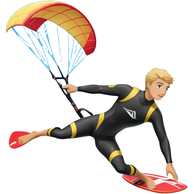 An athlete in a wetsuit, gliding above the waves on a kiteboard, holding onto a paraglider in the sky. The backdrop features a vibrant blue sky and rolling ocean waves, capturing the thrill and skill of the sport with a sense of freedom and adventure. emoji