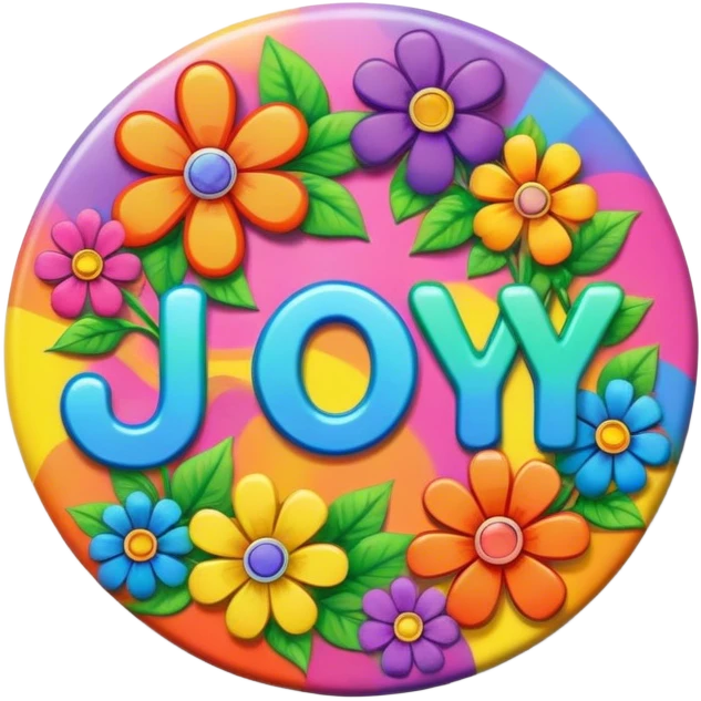 A round psychedelic colored button that says joy with rainbow colored hippie style flowers emoji