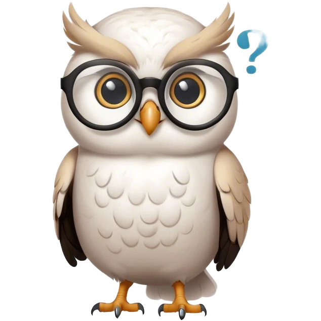 Small white elegant owl with glasses on looking at a puffy black question mark in a white thought bubble emoji