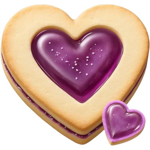 Realistic shortbread cookie in the shape of a heart with mauve jelly middle filling and sprinkled powder sugar on top. emoji