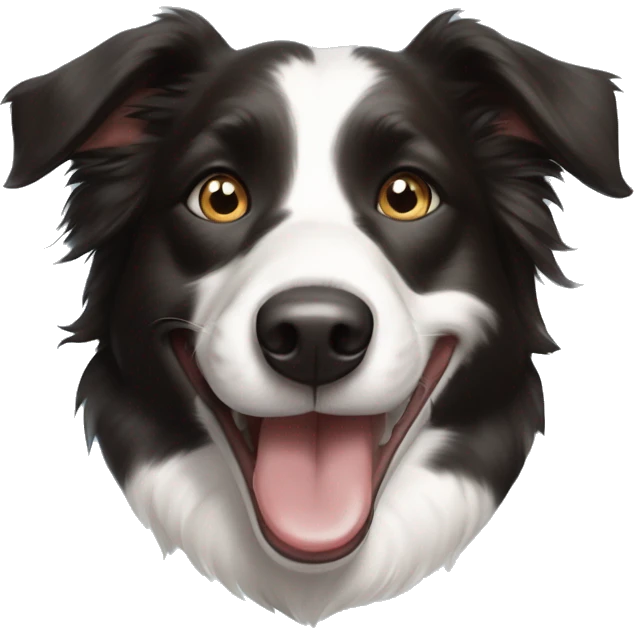 Black and white spotted border collie smiling with tongue out, one blue eye one hazel brown eye emoji