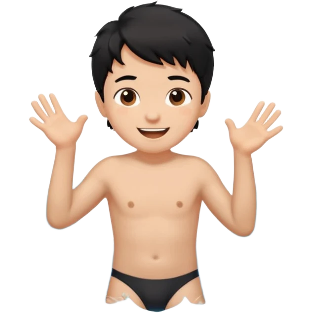  검정머리남자아이, 옷 입히고, 행복한 표정에, 배경 기득 심플하지 않게 키워드는 바다!!! emoji