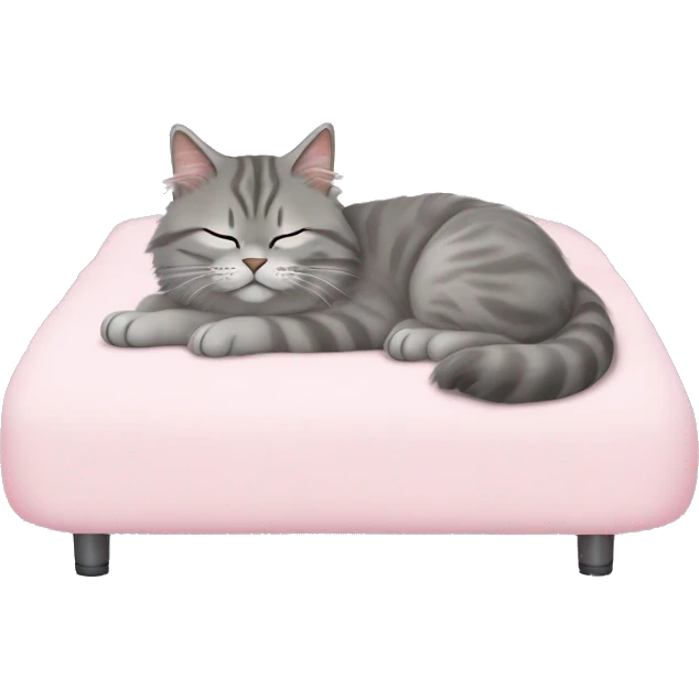Gray siberian cat sleeping on light pink bed emoji