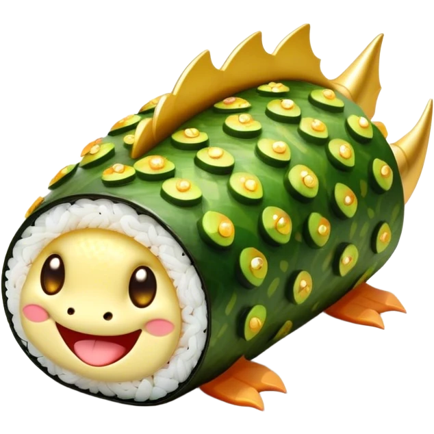Cute Kawaii Dragon Roll, long and curled like a tiny dragon, bright green avocado scales, happy smiling face, chubby round body, sparkling golden sushi eyes! emoji