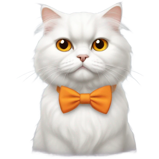 White persian cat with orange eyes, orange patch on head, and bowtie emoji