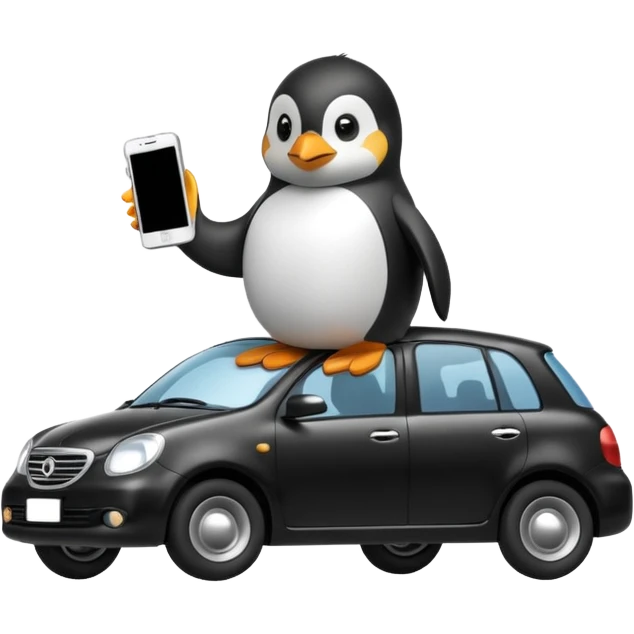 Penguin with a phone on the car emoji