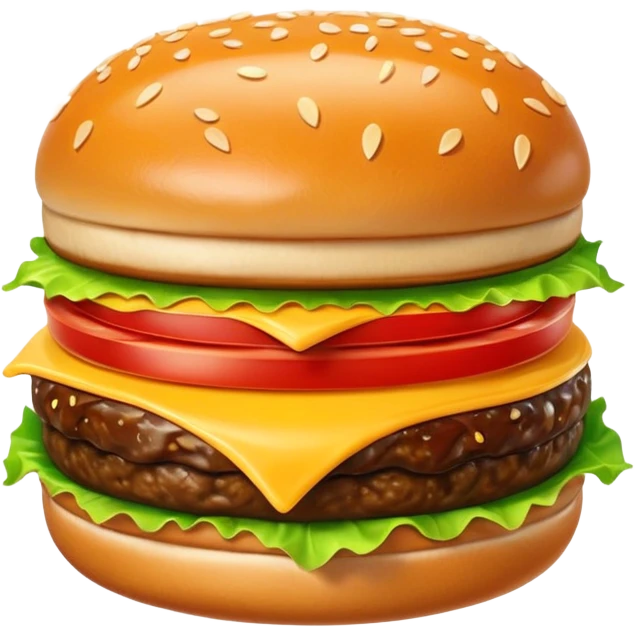 A cute 3D emoji-style burger with glossy finish, shiny bun with sesame seeds, melted cheese, fresh lettuce, smooth cartoon design, soft lighting, clean background, high-quality modern emoji look. emoji