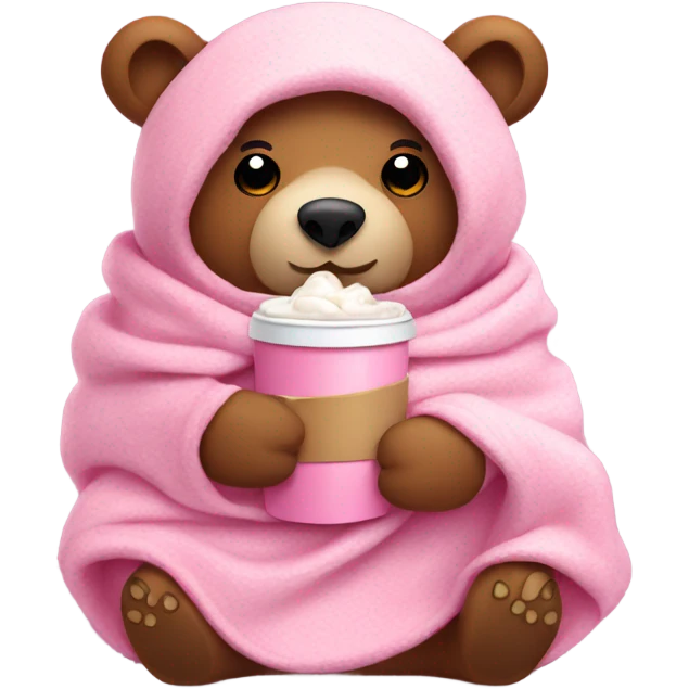 Bear wrapped in pink blanket drinking hot cocoa emoji