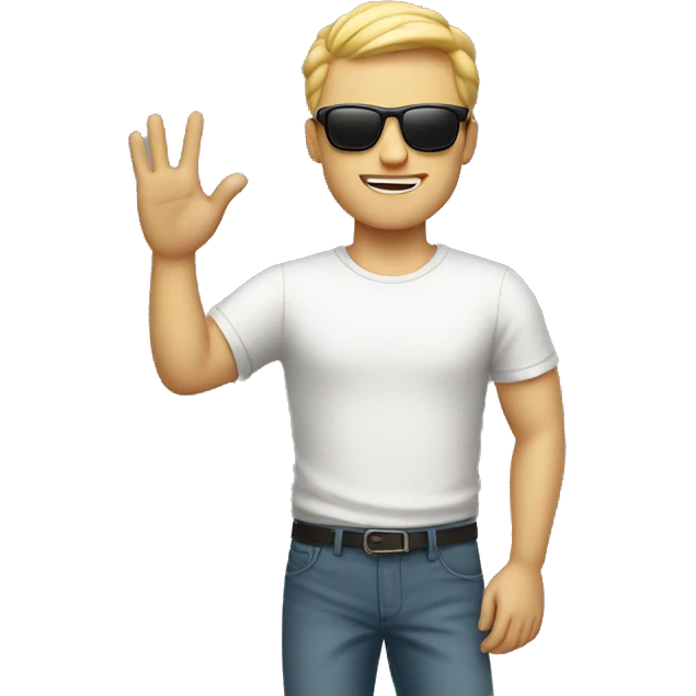 cool white man standing on scene in sunglasses and raising one hand emoji