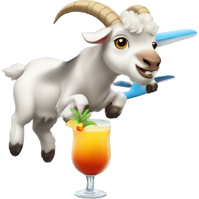 Goat flying a plane with a cocktail emoji