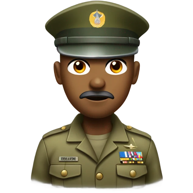 commanding drill sergeant character wearing a classic sergeant hat and a camouflage army shirt. The character should have an intense expression, exuding authority emoji
