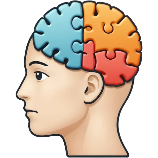 Minimalistic flat vector icon, iOS style, thin black contour on white background. Human head profile with a brain inside, split into puzzle pieces. No text, no shadows. emoji