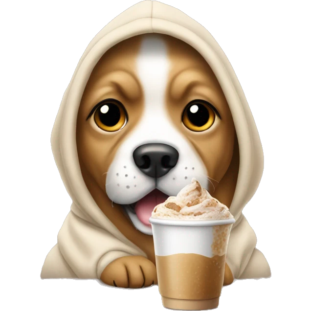 Dog wearing a hoodie eating a puppachino emoji