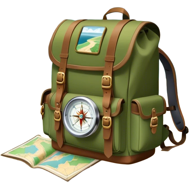 Icon for Expeditions: a compass, a map, a backpack with trekking gear, and a rugged expedition jeep, set against a backdrop of snowy mountains, sand dunes, and tropical islands. The icon should capture the spirit of adventure and exploration in diverse landscapes. Transparent background. emoji