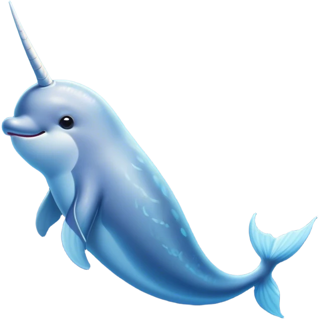 Cinematic Comical Cute Narwhal Portrait Emoji, Head tilted dramatically with an exaggeratedly amused expression, featuring a uniquely curved tusk, a sleek body with wide, comically expressive eyes brimming with playful disbelief, Simplified yet hilariously expressive features, highly detailed, glowing with a slightly sassy oceanic glow, high shine, dramatic yet playful, stylized with an air of cheeky marine mischief, soft glowing outline, capturing the essence of a meme-worthy cute narwhal that looks ready to side-eye its way into viral fame! emoji