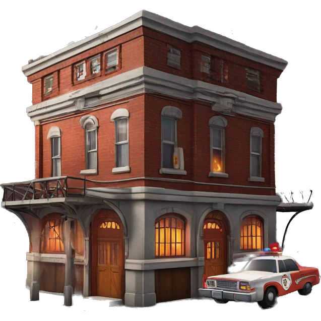 Very old dilapidated Firehouse building shaped like the Ghost Busters Firehouse with solar lights and decorative and detailed interior design with police barricades and police barriers around it  emoji