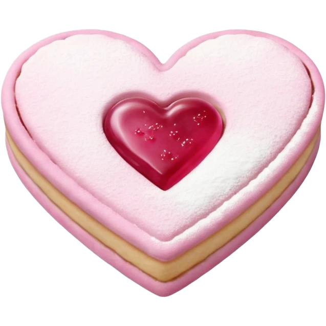 Realistic shortbread cookie in the shape of a heart with pink jelly middle filling and sprinkled powder sugar on top. emoji
