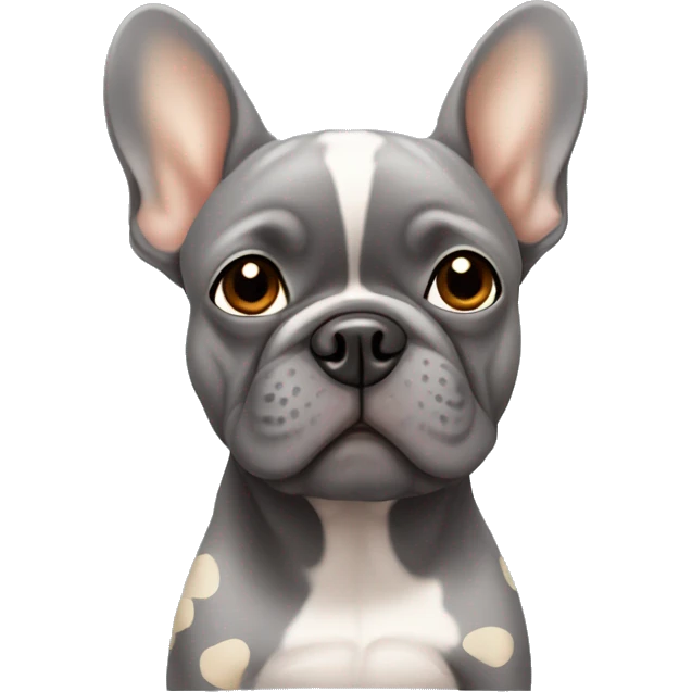 Grey Frenchie with tan spots, one ear floppy emoji