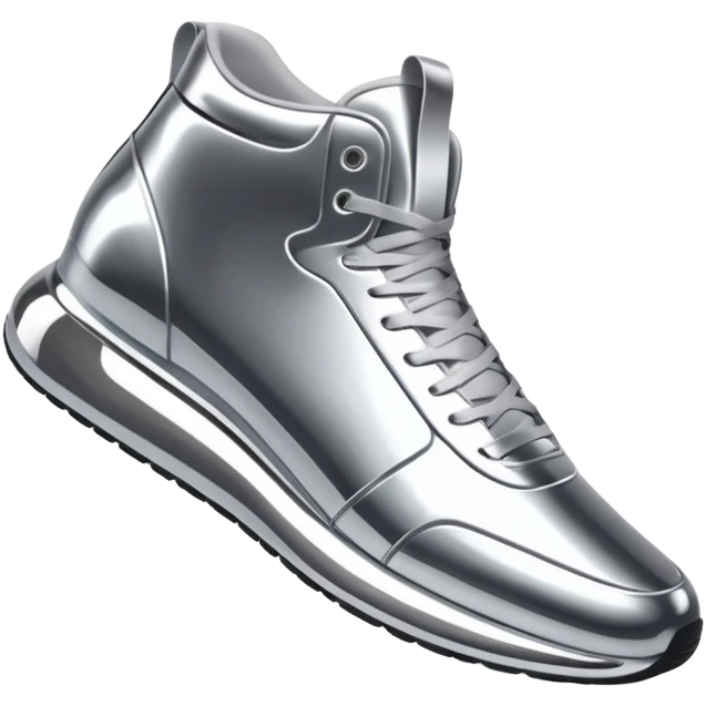 A pair of futuristic sneakers emoji made of silver chrome, sleek streetwear design, smooth metallic panels, subtle reflections, luxury swag aesthetic, iOS emoji style, centered, clean white background emoji