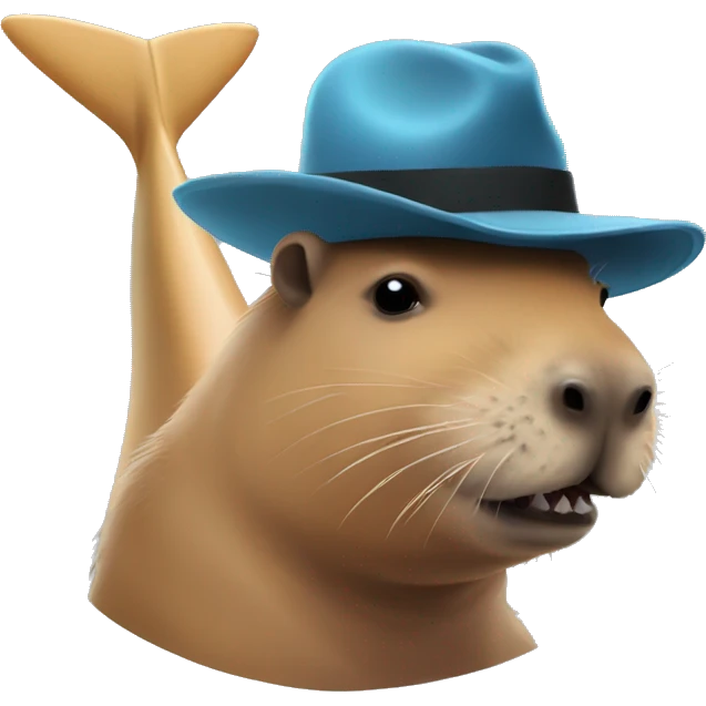 Capybara wearing a hat that's a shark emoji