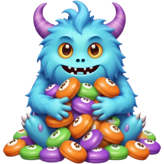 Candy Monster – a tiny pastel-colored monster hugging a pile of Halloween candy.  emoji