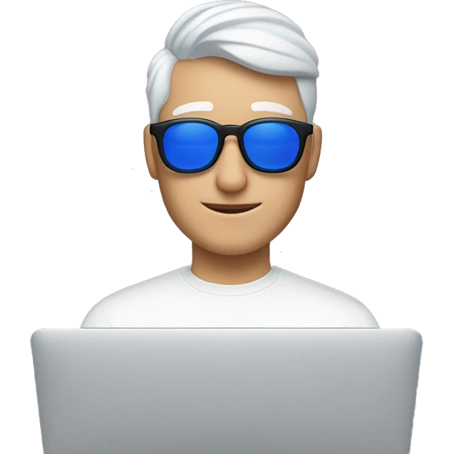 Create a white male with blue light glasses in front of a MacBook with AirPods Max on and a backwards ha emoji