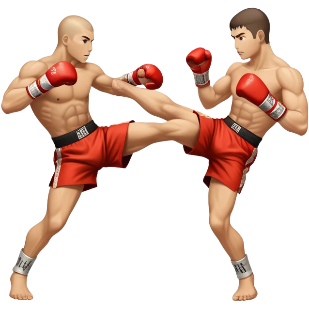 An icon showcasing a kickboxer in action, using precise techniques with both feet and elbows. One fighter delivers a powerful kick to the opponent's legs, while the other counters with an elbow strike. The background features a ring and a dynamic atmosphere. Transparent background  emoji
