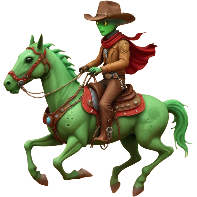 An alien cowboy riding a mechanical horse across a red Martian desert, two moons in the sky, dust storm swirling, wide cinematic shot, dramatic composition, hyper detailed, sci-fi western fusion emoji