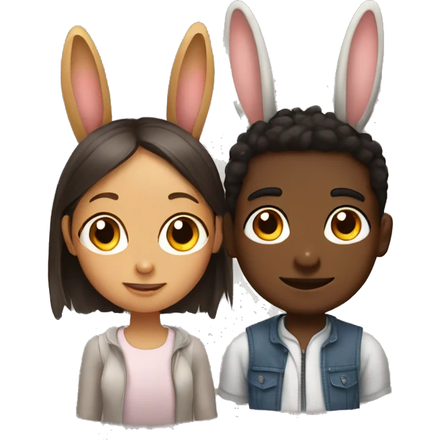 girl and brown skin boy with rabbit ears emoji