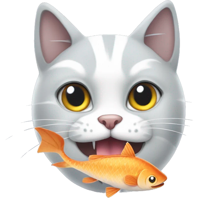 Grey x white cat with fish in his mouth emoji