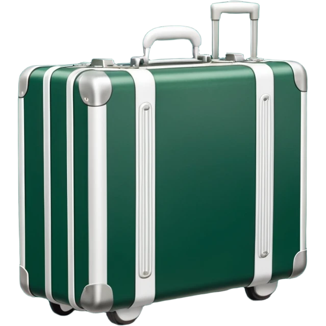 white metal suitcase with ribbed surface, wheels, handle and corners dark green, emoji style emoji